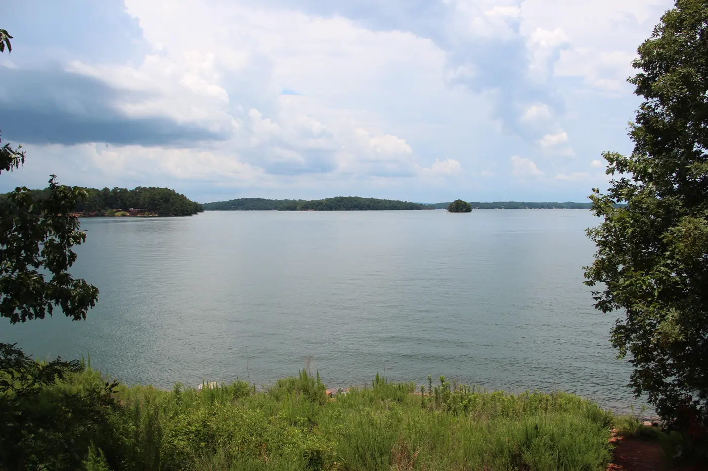 Wide view of Lake Lanier in summer framed by leafy trees, with green grasses in the foreground and wooded islands under a cloudy sky